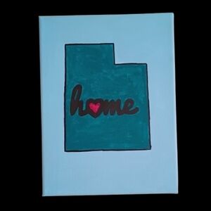 Utah Home State Acrylic Painting 9x12 Canvas Wall Art Teal Blue Heart Handmade